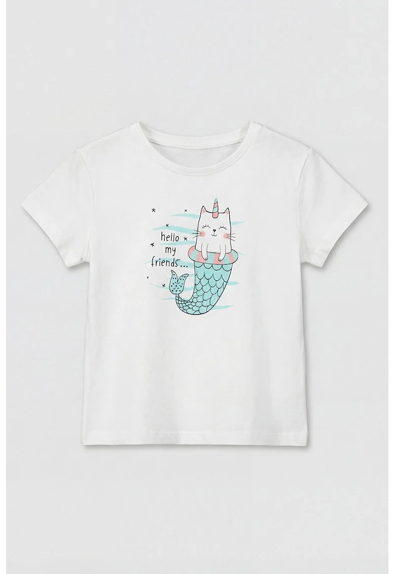 Tricou de bumbac cu decolteu la baza gatului, Alb/Turcoaz/Roz pastel