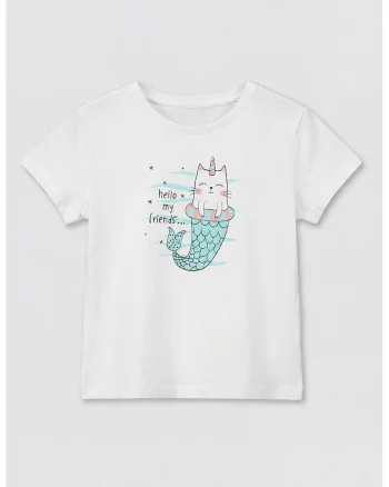 Tricou de bumbac cu decolteu la baza gatului, Alb/Turcoaz/Roz pastel