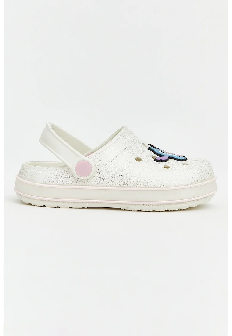 Saboti slingback cu aspect lucios si tematica Stitch, Alb/Lila/Albastru deschis