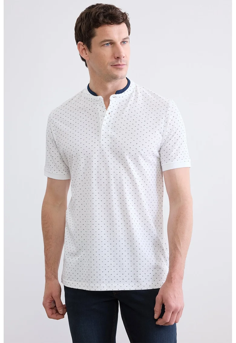 Tricou de bumbac cu fenta cu nasturi, Alb/Albastru ultramarin
