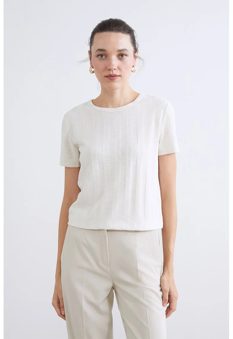 Tricou din tricot cu decolteu la baza gatului, Alb