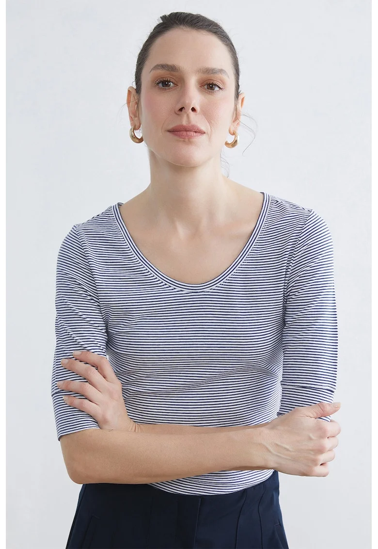 Tricou cu dungi si decolteu rotund, Alb/Albastru inchis