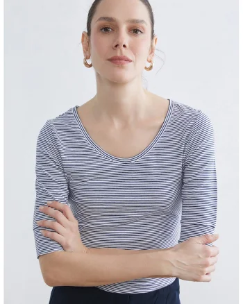 Tricou cu dungi si decolteu rotund, Alb/Albastru inchis