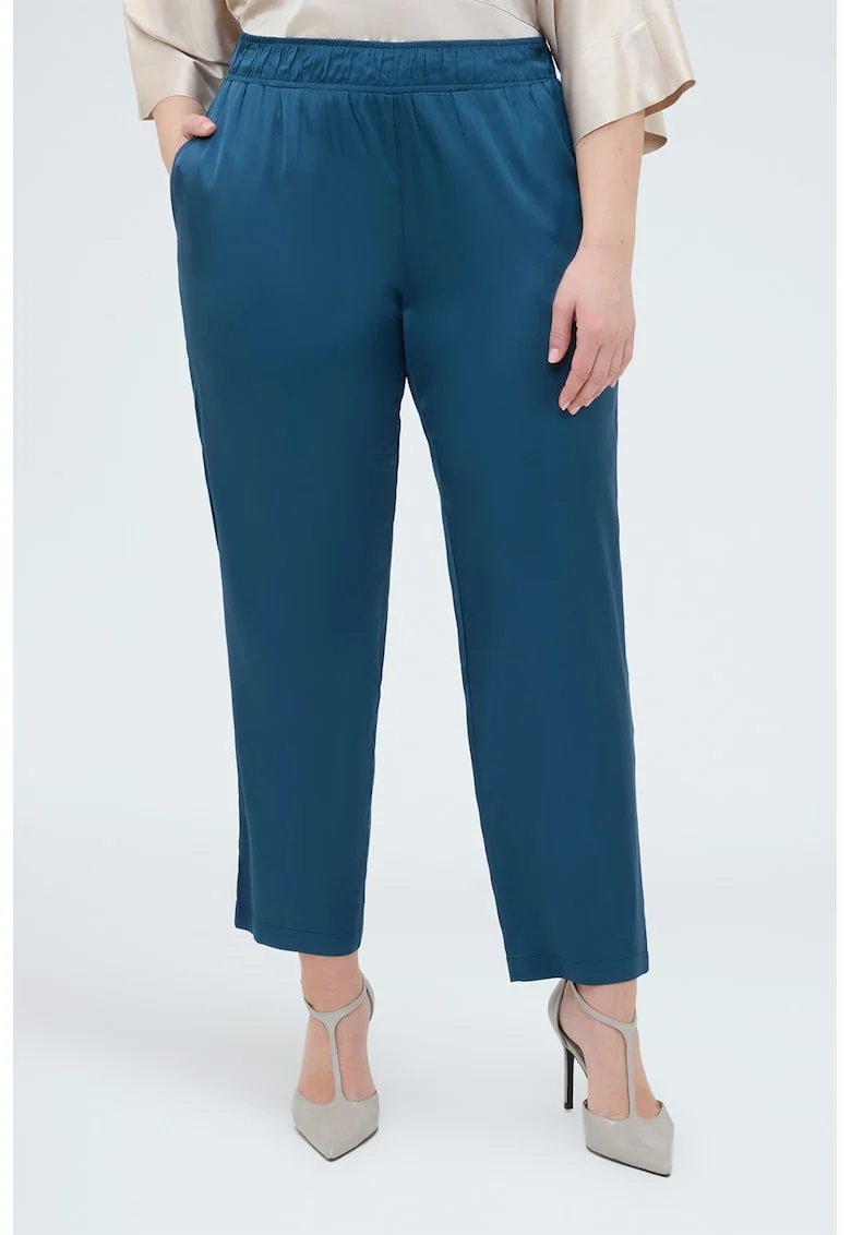 Pantaloni crop din satin cu croiala conica, Albastru inchis