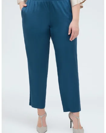 Pantaloni crop din satin cu croiala conica, Albastru inchis