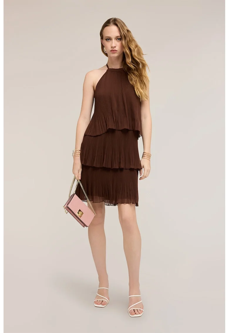 Rochie mini stratificata cu design plisat, Maro inchis