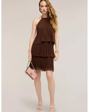 Rochie mini stratificata cu design plisat, Maro inchis