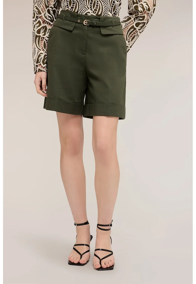 Pantaloni scurti cu croiala ampla si curele asortate, Verde inchis