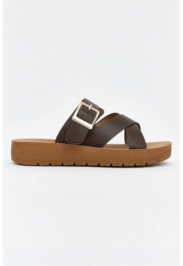 Papuci wedge cu barete incrucisate, Maro inchis