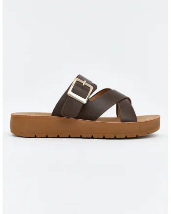Papuci wedge cu barete incrucisate, Maro inchis