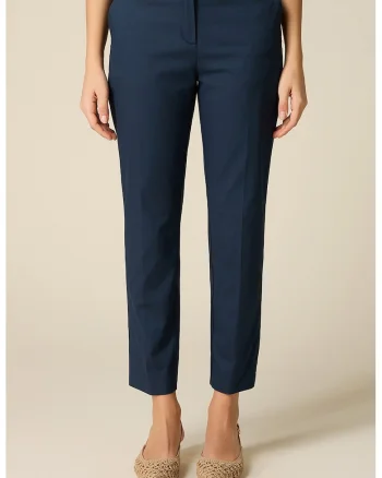 Pantaloni crop din amestec de bumbac cu croiala conica, Bleumarin