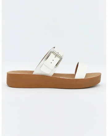 Papuci wedge cu catarama, Alb