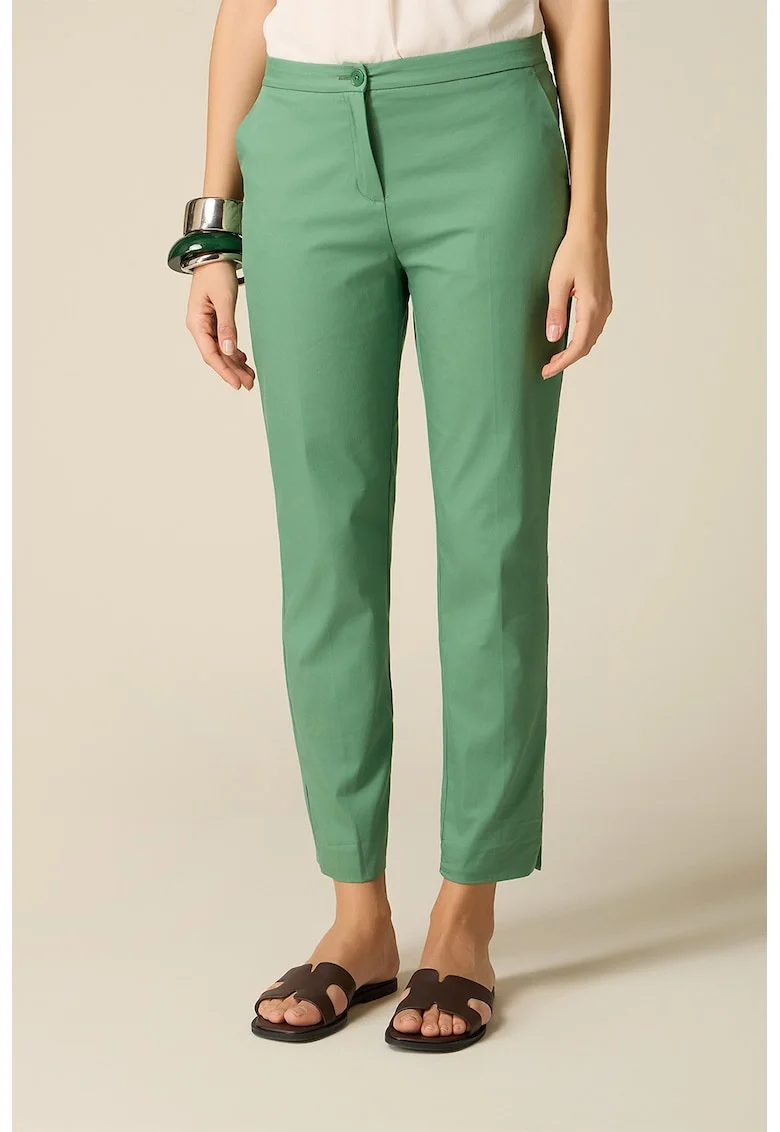 Pantaloni crop din amestec de bumbac cu croiala conica, Verde deschis