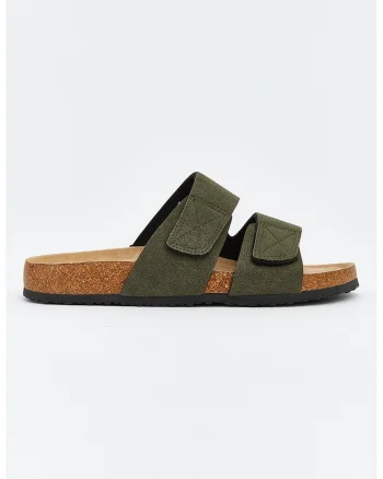 Papuci din material textil cu velcro, Kaki inchis