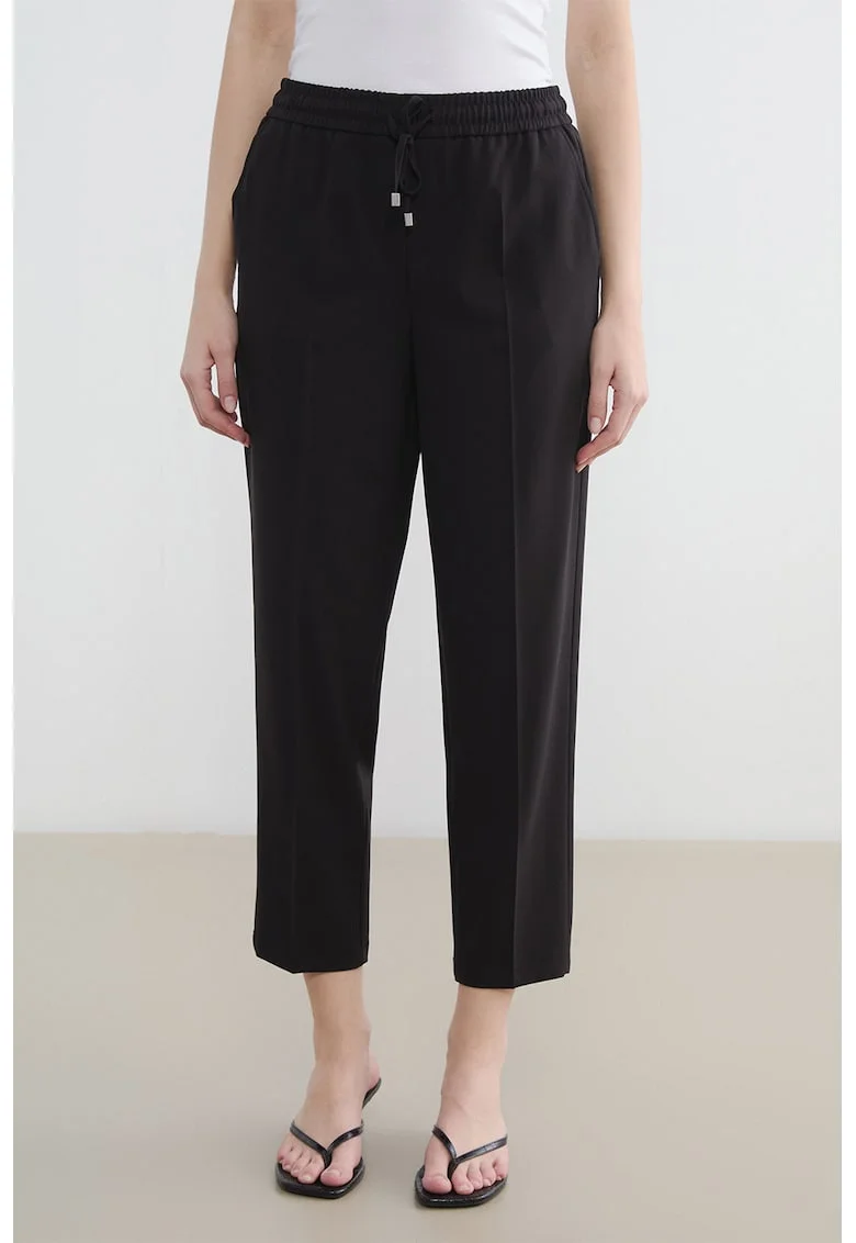 Pantaloni crop conici cu snur, Negru