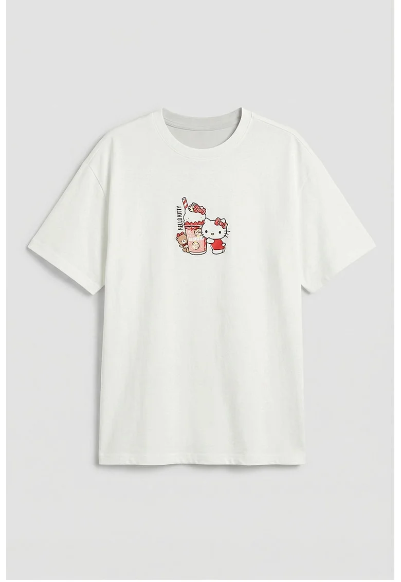 Tricou de bumbac cu imprimeu Hello Kitty, Rosu/Alb/Roz pastel