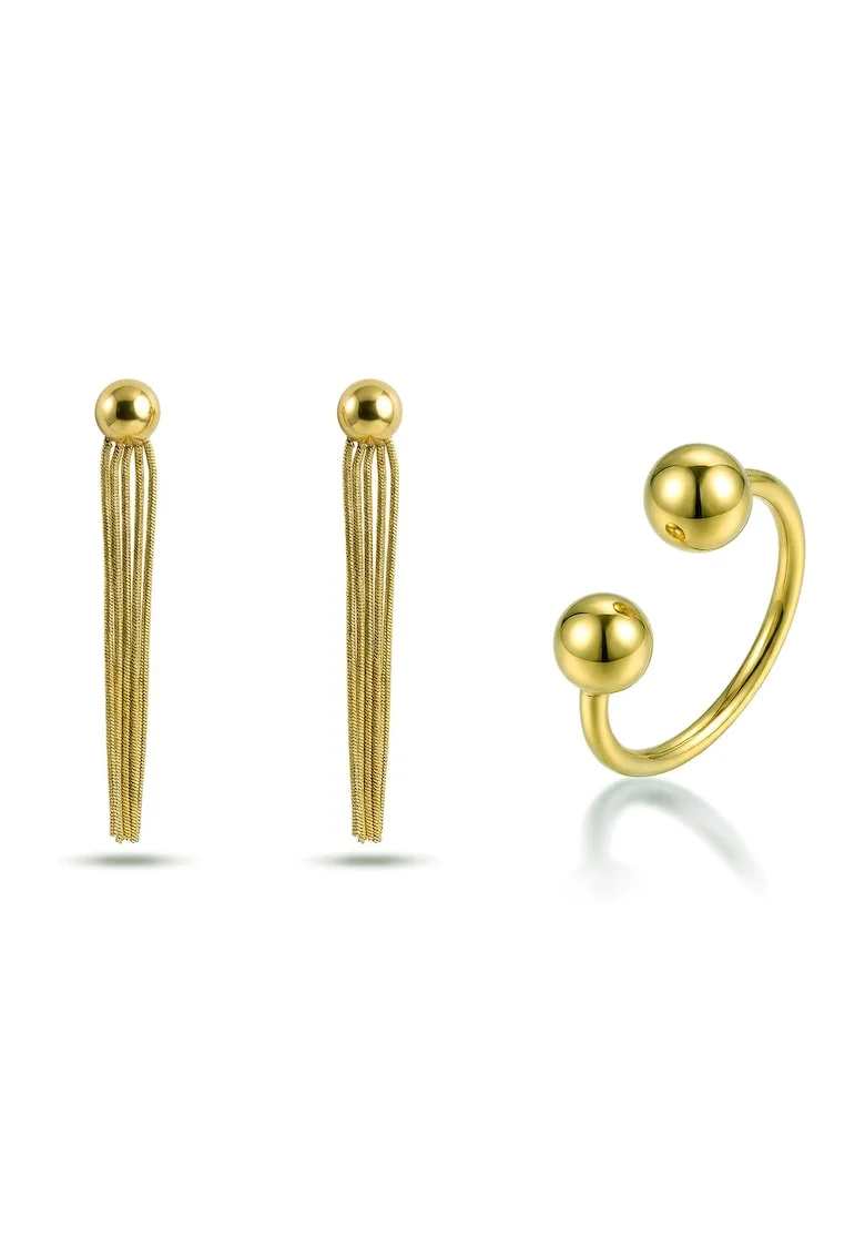 Set de cercei drop si inel placat cu aur de 18K - 3 piese, Auriu