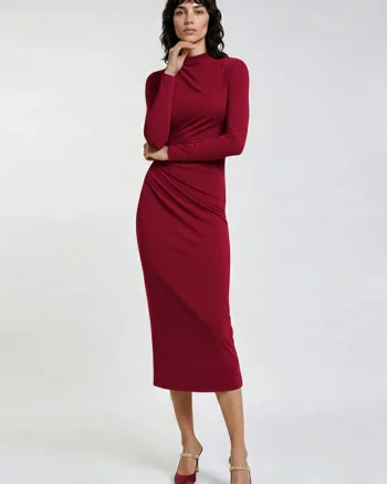 Rochie midi cu fronseu, Rosu inchis