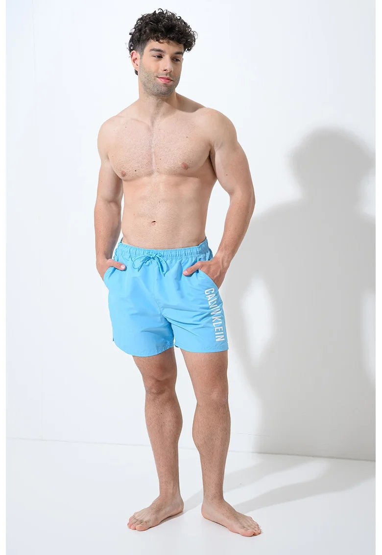 Pantaloni scurti de baie cu model logo, Albastru antichizat