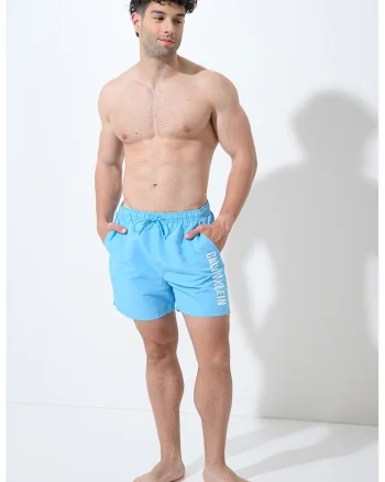 Pantaloni scurti de baie cu model logo, Albastru antichizat