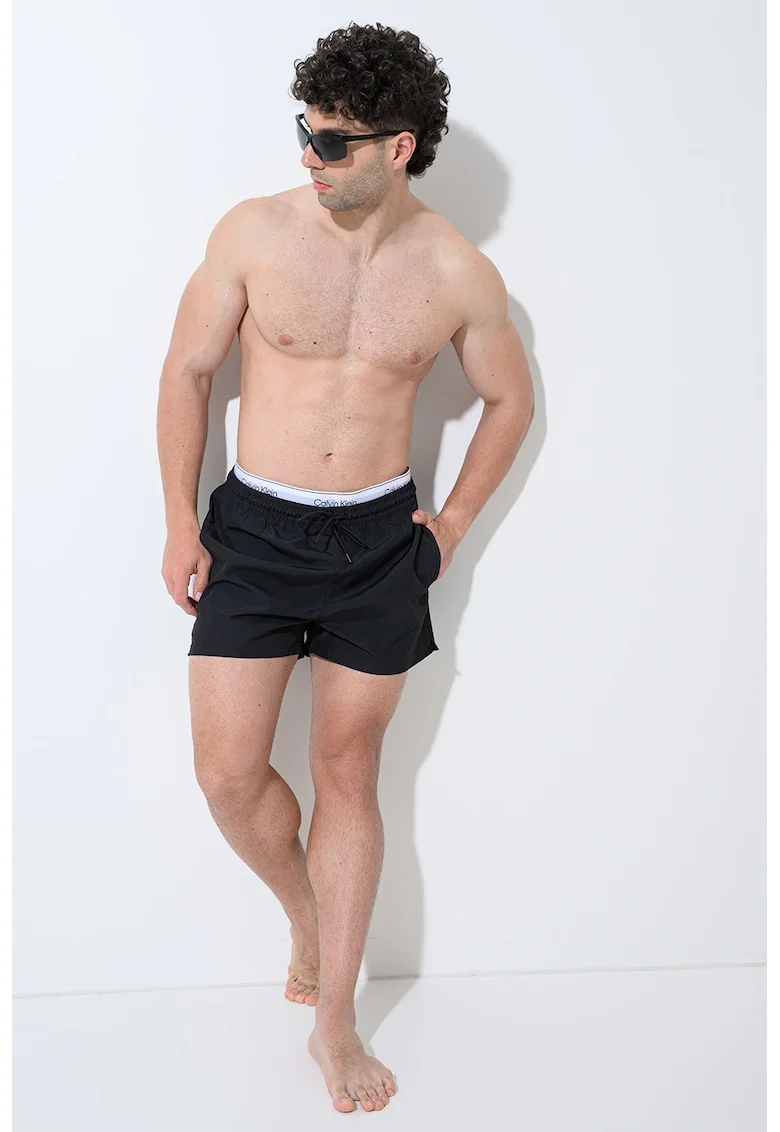 Pantaloni scurti de baie cu banda logo contrastanta, Negru carbon