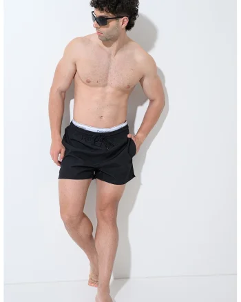 Pantaloni scurti de baie cu banda logo contrastanta, Negru carbon