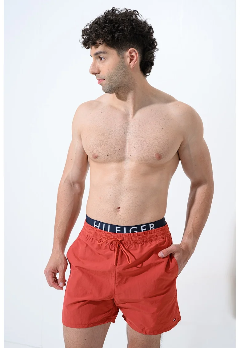 Pantaloni scurti de baie cu banda logo in talie, Rosu mac