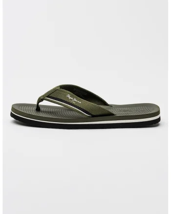 Papuci flip-flop din material textil cu logo, Alb/Negru/Kaki inchis