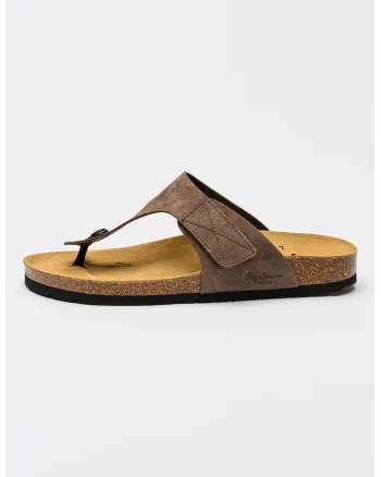 Papuci flip-flop din piele intoarsa cu velcro, Maro pamantiu