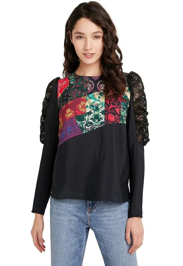 Bluza cu maneci drapate si insertii din dantela,