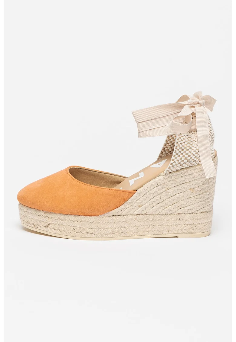 Sandale wedge de piele intoarsa cu barete infasurabile, Alb/Portocaliu/Bej