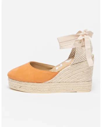 Sandale wedge de piele intoarsa cu barete infasurabile, Alb/Portocaliu/Bej