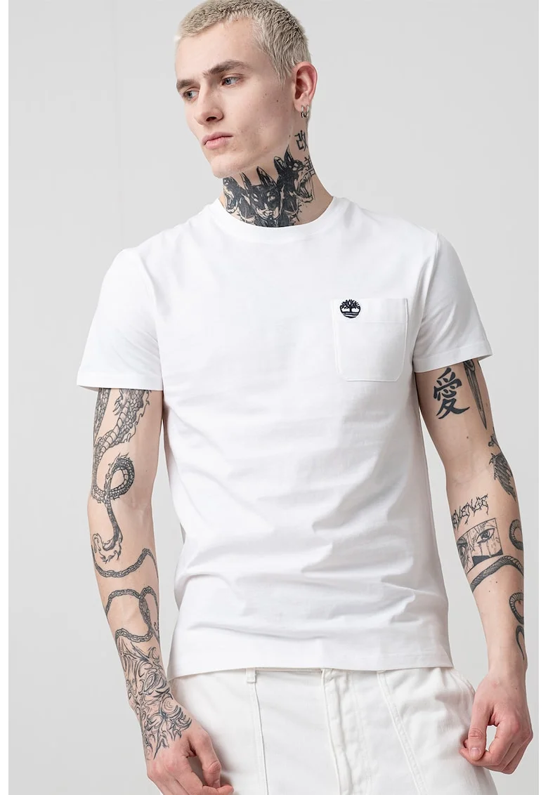 Tricou din bumbac cu buzunar aplicat pe piept Dun-Riv, Alb