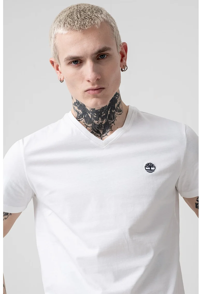 Tricou slim fit cu decolteu in V Dunstan River, Alb