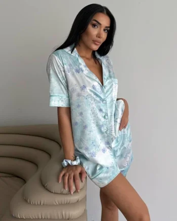 Set pijama dama din doua piese, cu nasturi – 2500096, Fresh Mint Garden