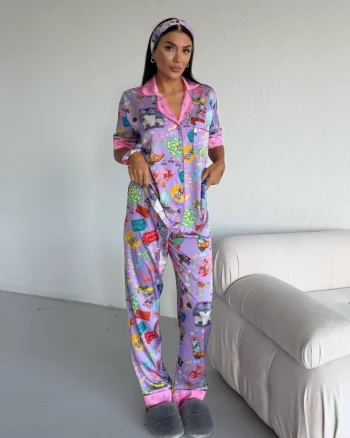 Set pijama dama din doua piese, cu nasturi – 2500378, Lilac Fantasy