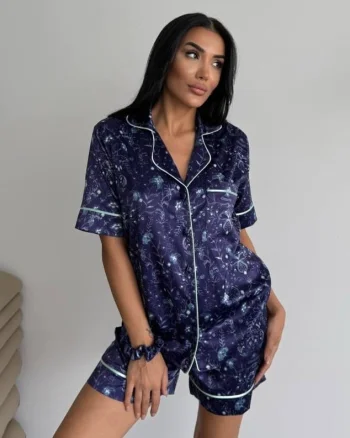 Set pijama dama din doua piese, cu nasturi – 2500100, Bleumarin Floral