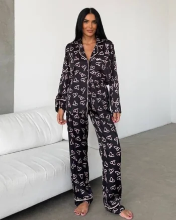 Set pijama dama din doua piese, cu nasturi – 2401677, Negru