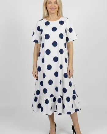 Rochie midi lejera cu volan si imprimeu buline alb-bleumarin