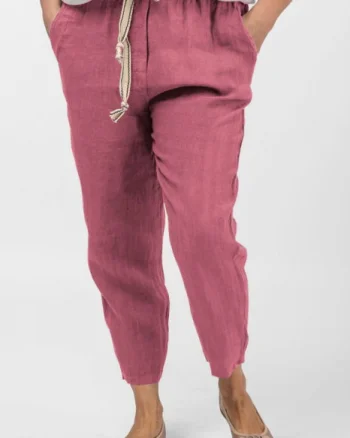 Pantaloni roz inchis din in, pana, cu snur alb