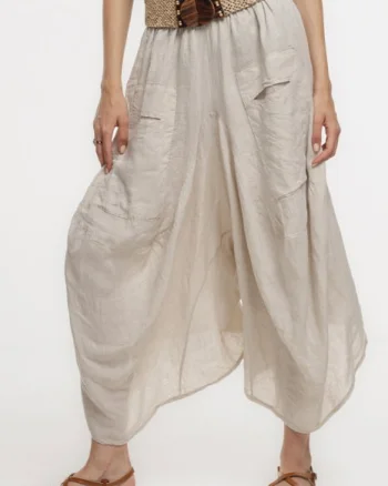 Pantaloni tip salvari din in, croiala asimetrica si buzunare, bej