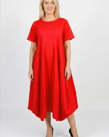 Rochie midi lejera oversize din bumbac, cu croi amplu si colturi, rosie