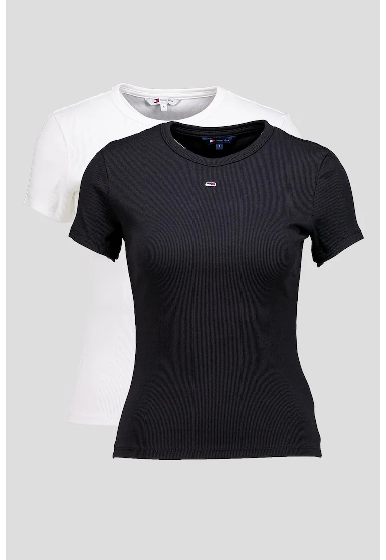 Set de tricouri slim fit cu decolteu la baza gatului - 2 piese, Alb/Negru