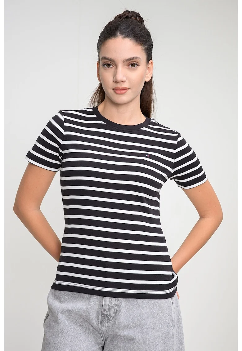 Tricou slim-fit cu decolteu la baza gatului Cody, Alb/Negru
