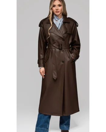 Palton lung elegant imitatie de piele  OW-COLC-0100, Maro
