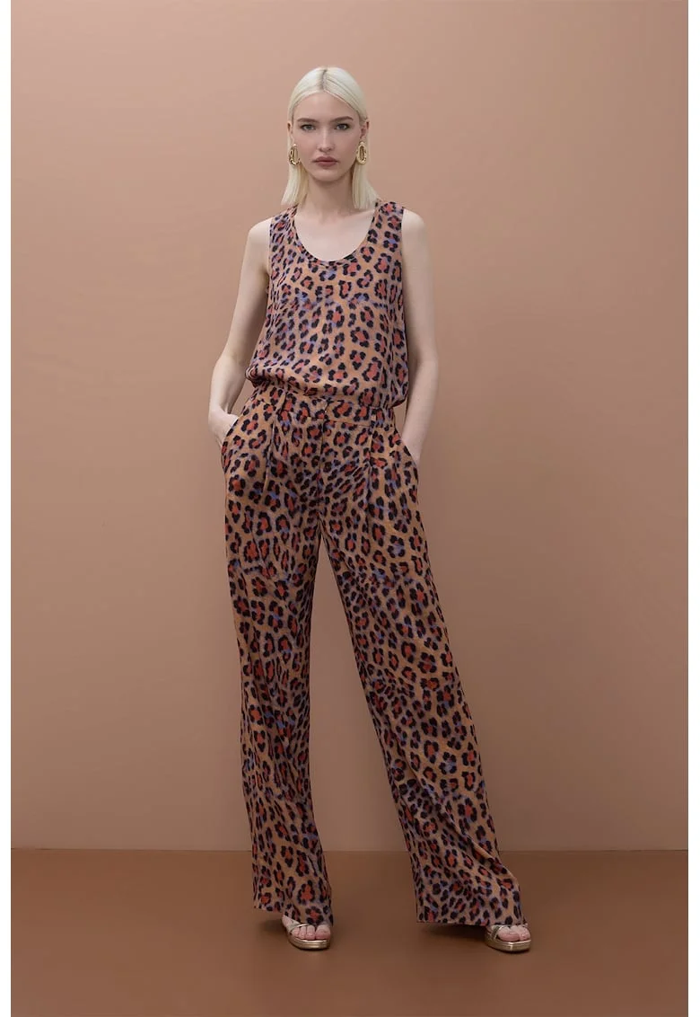 Pantaloni cu croiala ampla si model animal print, Portocaliu/Albastru