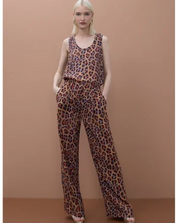 Pantaloni cu croiala ampla si model animal print, Portocaliu/Albastru