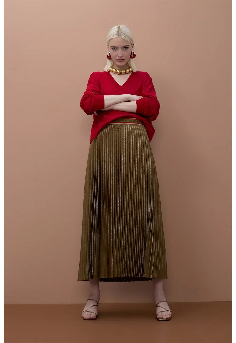 Fusta midi plisata, Auriu/Maro camel