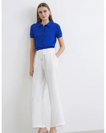 Pantaloni cu snur de ajustare in talie, Alb