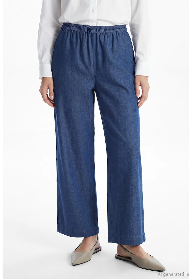 Pantaloni ampli din chambray cu talie elastica, Bleumarin
